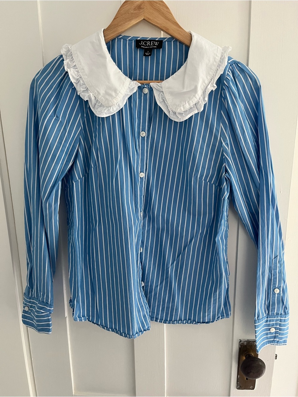 J. Crew Blue and White Striped Button-Down with Ruffled Peter Pan Collar